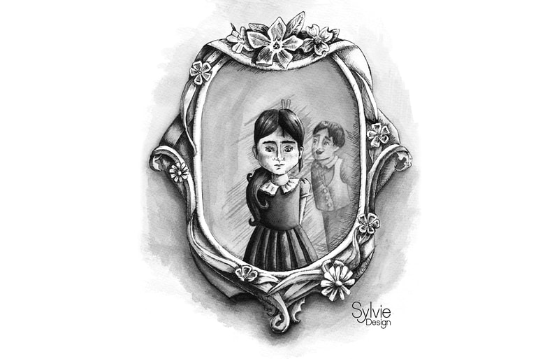 Black ink drawing of girl in a frame with a mischievous little boy in the background of her image.